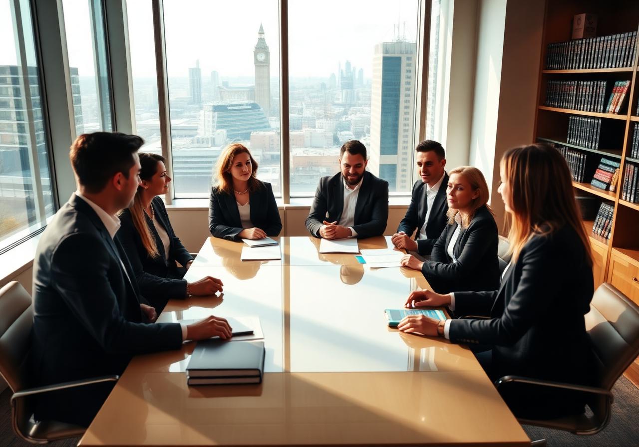 Partners of a UK law firm planning an AI-powered growth strategy in a London boardroom